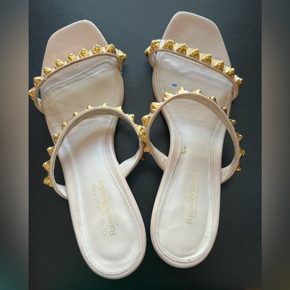 Stuart Weitzman Nude Dual-Strap Rose-studded Leather Slide Sandal SZ 10UK/11US